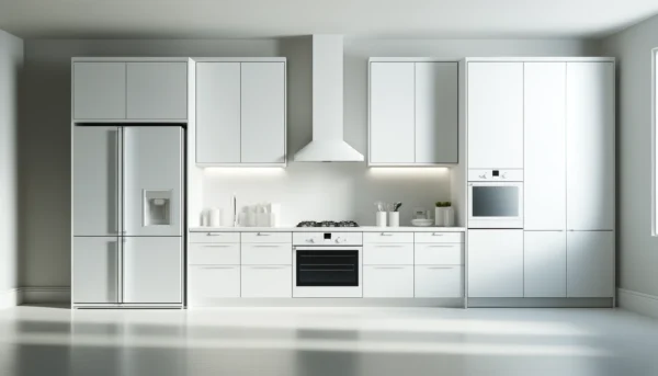 Coldii Kitchen- A modern kitchen in white, featuring both upper and lower cabinets with sleek, seamless white slab doors without handles. The kitchen should include a