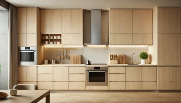 Maple Luxe Series - A modern kitchen, with both upper and lower cabinets featuring sleek, seamless slab doors without handles, but this t