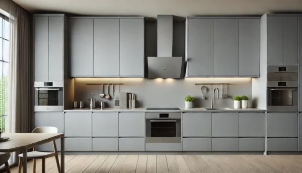 Metro Chic - A modern kitchen identical to the previous design, with both upper and lower cabinets featuring sleek, seamless slab doors without handles, but this t