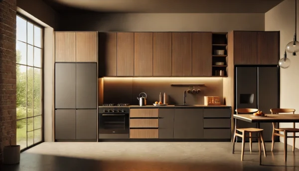 Timeless Elegance - A modern kitchen in a dark but warm color scheme, featuring a compact design with a maximum of 5 upper and 5 lower cabinets. The cabinets have sleek,