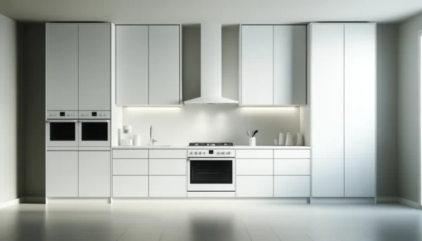 Urban Essence - A modern kitchen in white, featuring both upper and lower cabinets with sleek, seamless white slab doors without handles.